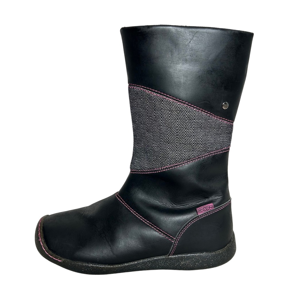 Keen Rachel Black Leather Pink Trim Mid Calf‎ Rain Snow Boots Girl's Size 4